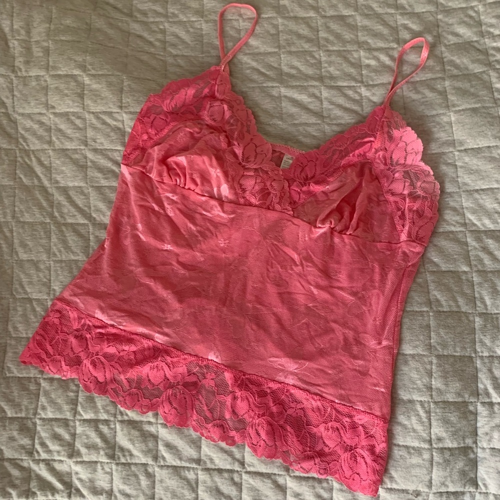 Rare Vintage Y2K Butterfly Print Sheer Mesh Lace Pink Tank Top